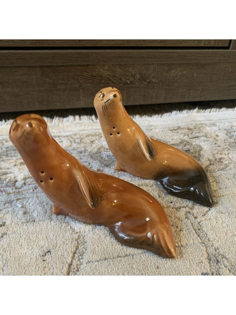 Vintage Japan Ceramic Seal Sea Lion Salt Pepper Shakers Brown 3" Corks